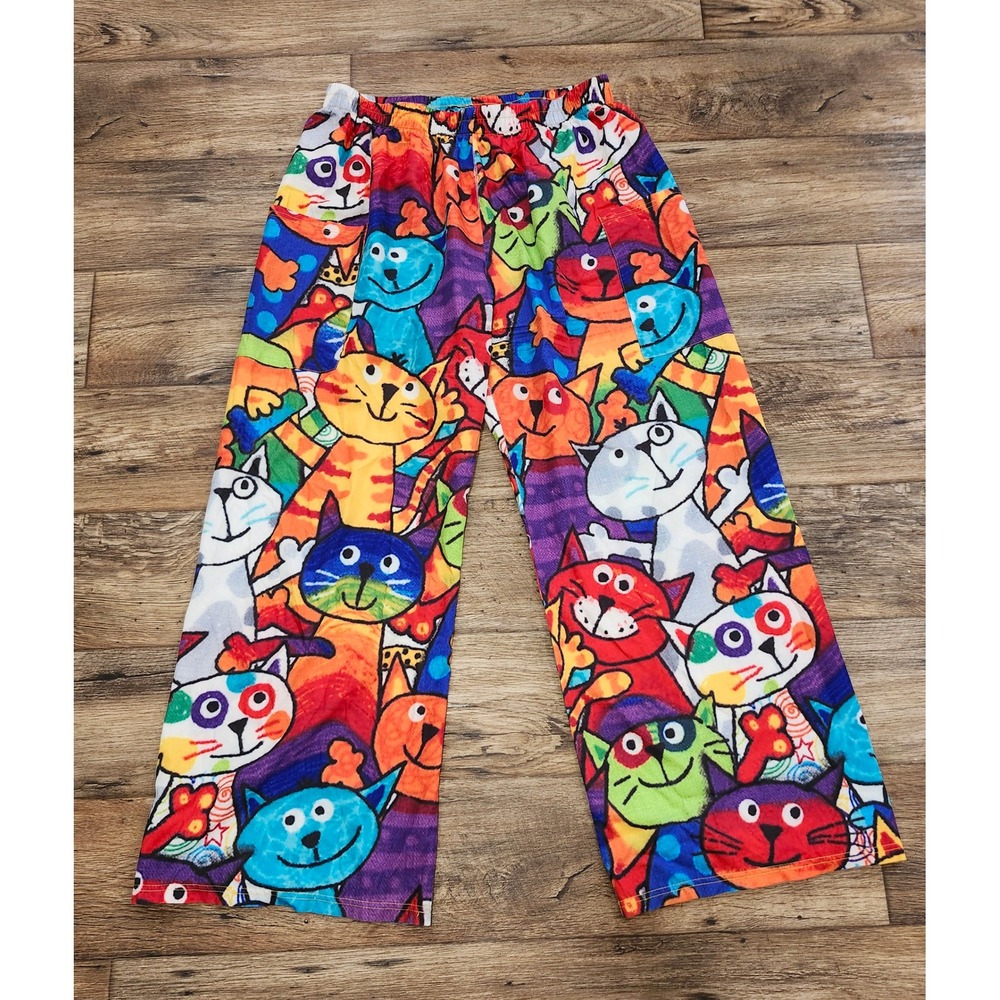 Cartoon Cat Print Pajama Pants XXL Rainbow Feline Lounge Bottoms Wide Leg